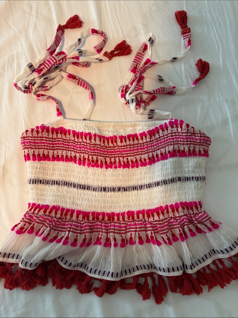Women’s White & Pink Smocked Tassel Crop Top and Matching Shorts Set